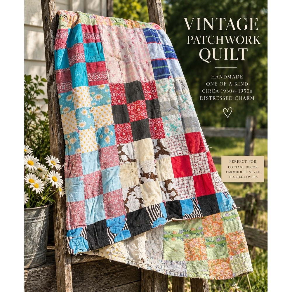 Handmade Patchwork Quilt Throw Multi Color Fair Condition Vintage Style 30x37